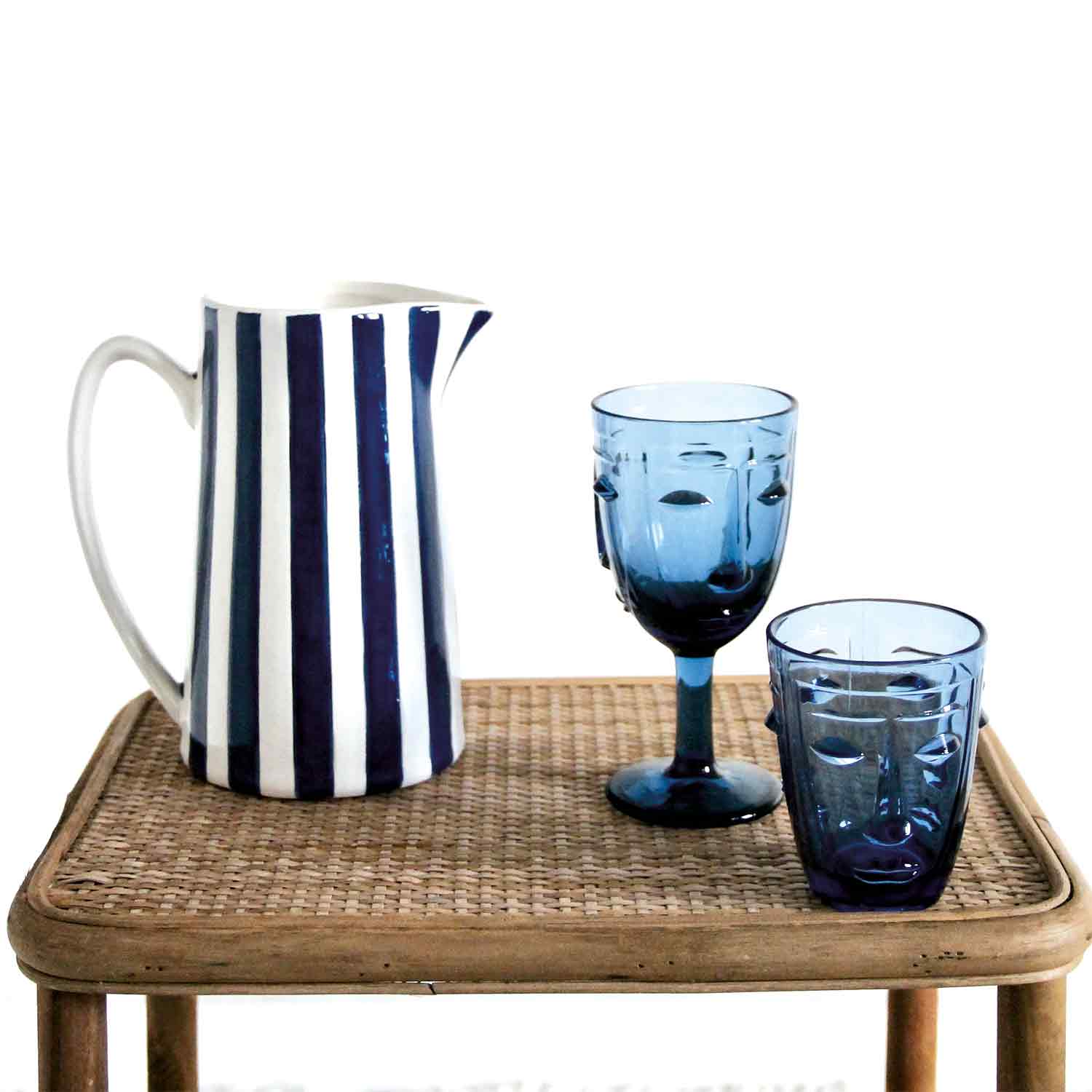Blaues Trinkglas mit Gesicht D8 H16,5 cm - GUNDT HOME